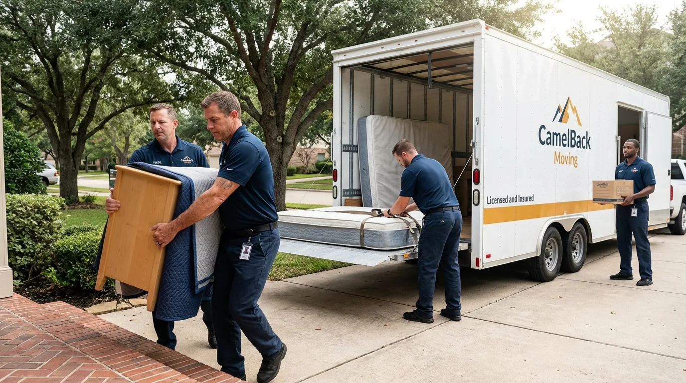 Crew loading residential truck for cross-state move from Chandler, TX