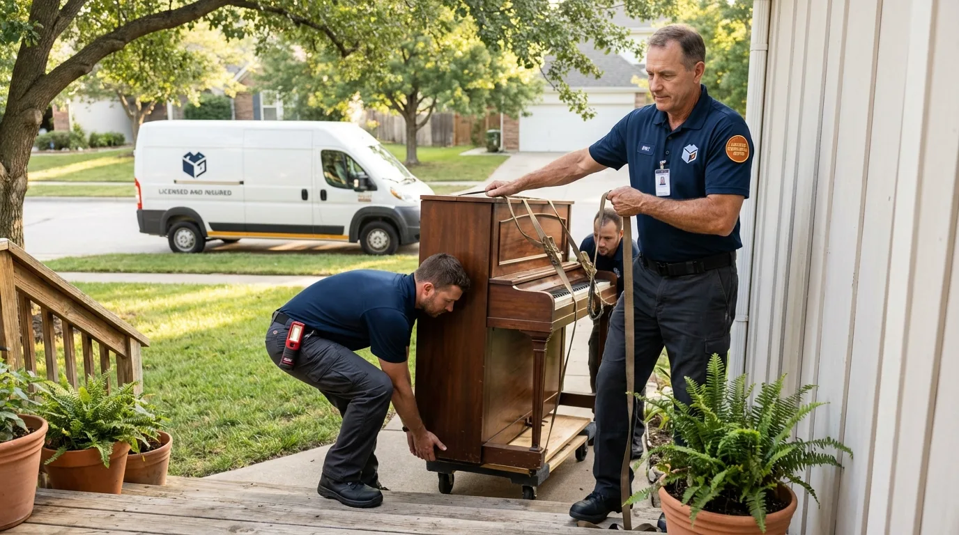Licensed piano movers securing grand piano in Chandler, TX