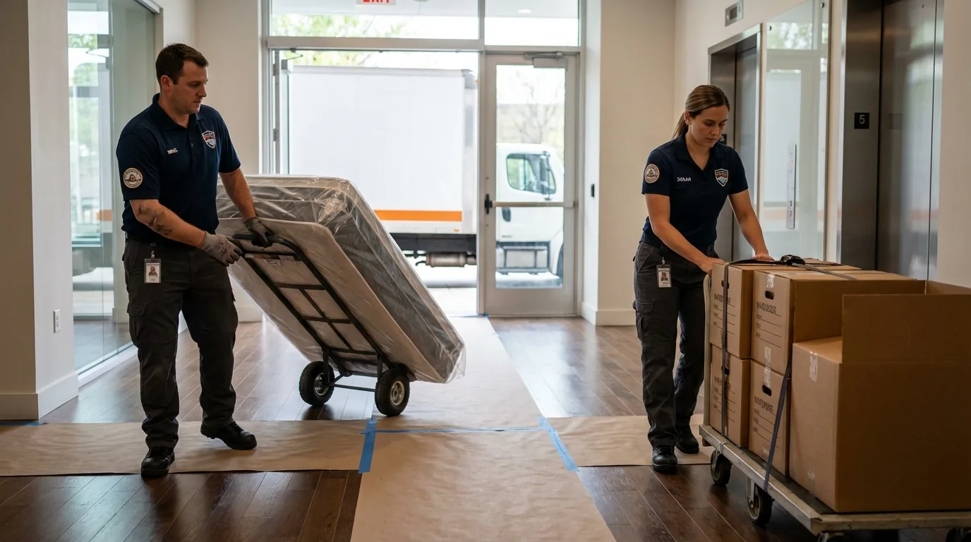 Professional apartment movers loading elevator in Chandler, TX
